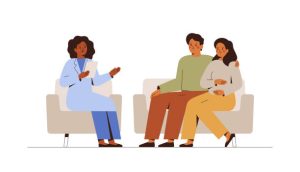 coupletherapy Pregnant woman and her husband visit gynecologist in the medical office. Female doctor talks with couple expecting a baby. Family Consultation and check up during pregnancy concept.Vector illustration