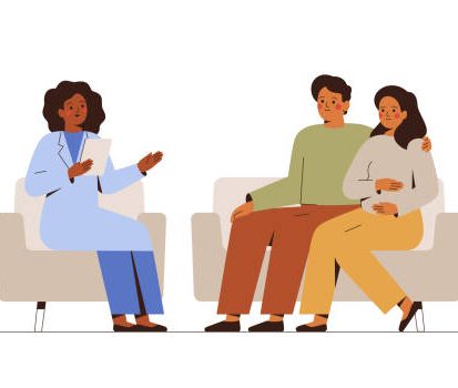 coupletherapy Pregnant woman and her husband visit gynecologist in the medical office. Female doctor talks with couple expecting a baby. Family Consultation and check up during pregnancy concept.Vector illustration